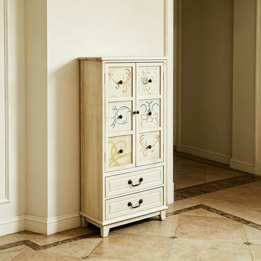 LIVARA American Vintage Painted Cabinet - Multi-Layer Storage Cupboard with Metal Handles - 111cm Entryway Cabinet - White