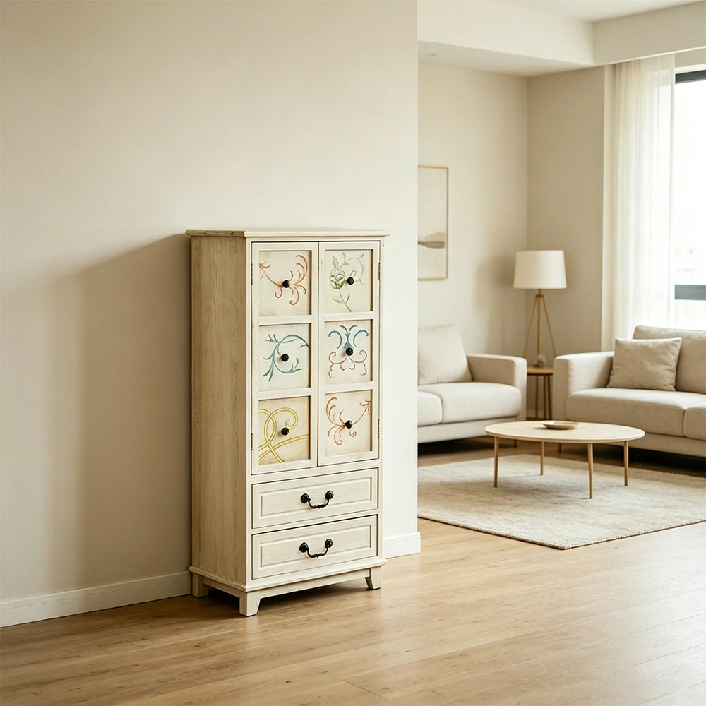 LIVARA American Vintage Painted Cabinet - Multi-Layer Storage Cupboard with Metal Handles - 111cm Entryway Cabinet - White