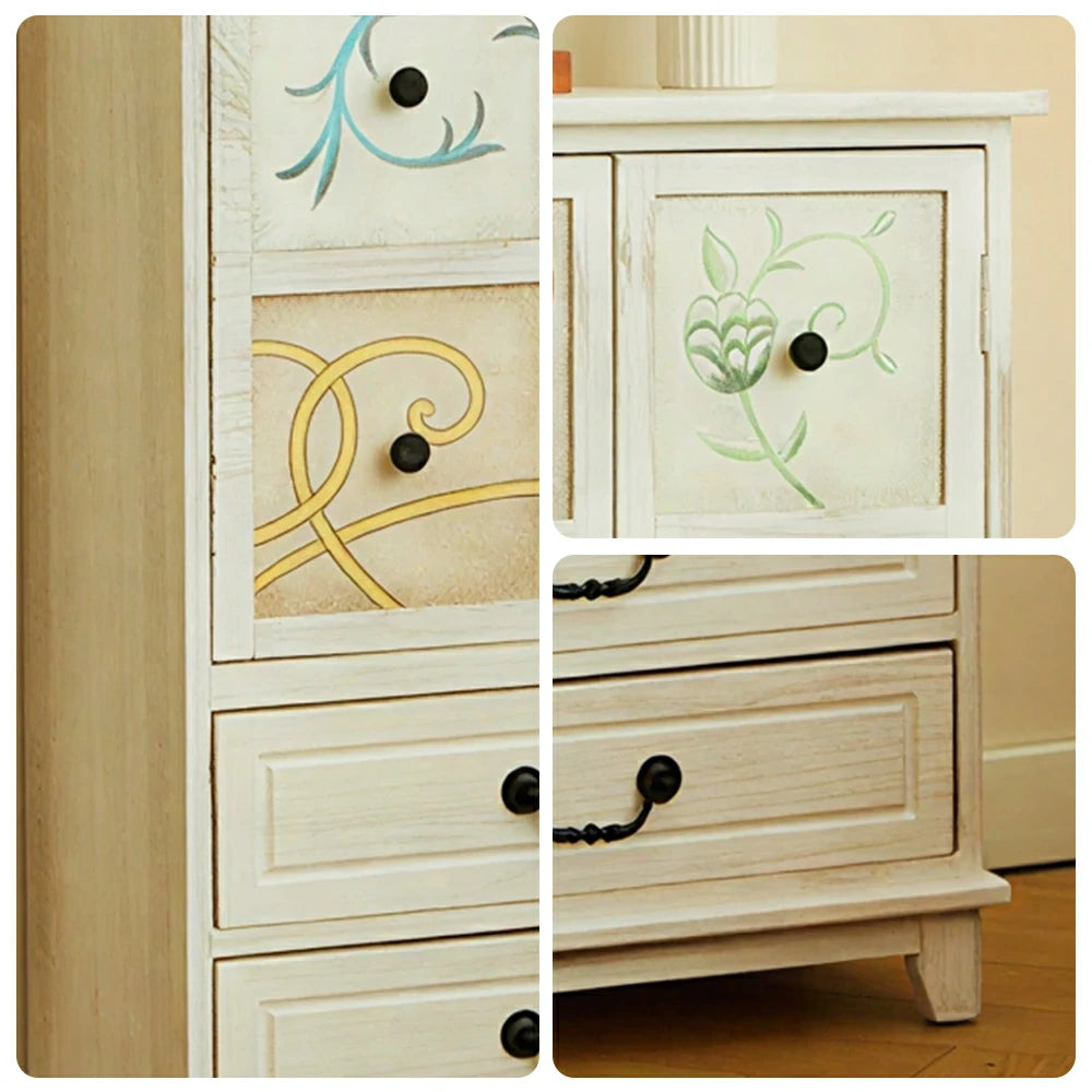 LIVARA American Vintage Painted Cabinet - Multi-Layer Storage Cupboard with Metal Handles - 111cm Entryway Cabinet - White