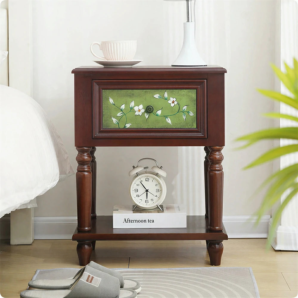 LIVARA American Vintage Bedside Table - Solid Wood Painted Drawer Cabinet with Open Shelf - 57cm Bedroom Nightstand - Walnut