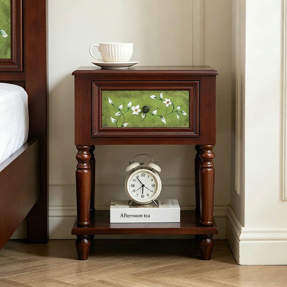LIVARA American Vintage Bedside Table - Solid Wood Painted Drawer Cabinet with Open Shelf - 57cm Bedroom Nightstand - Walnut