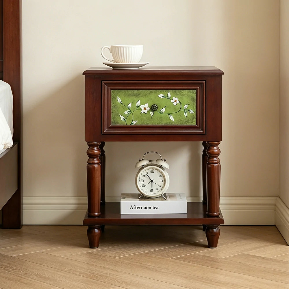 LIVARA American Vintage Bedside Table - Solid Wood Painted Drawer Cabinet with Open Shelf - 57cm Bedroom Nightstand - Walnut