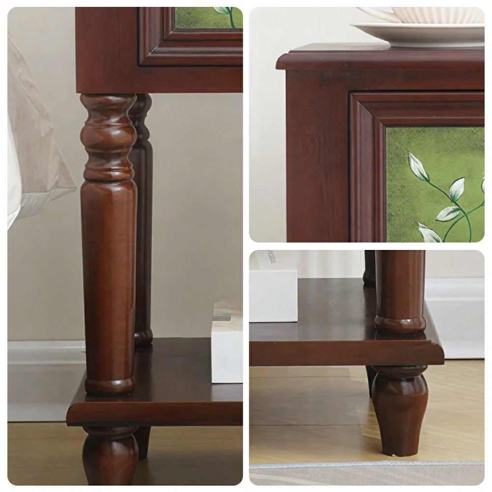 LIVARA American Vintage Bedside Table - Solid Wood Painted Drawer Cabinet with Open Shelf - 57cm Bedroom Nightstand - Walnut