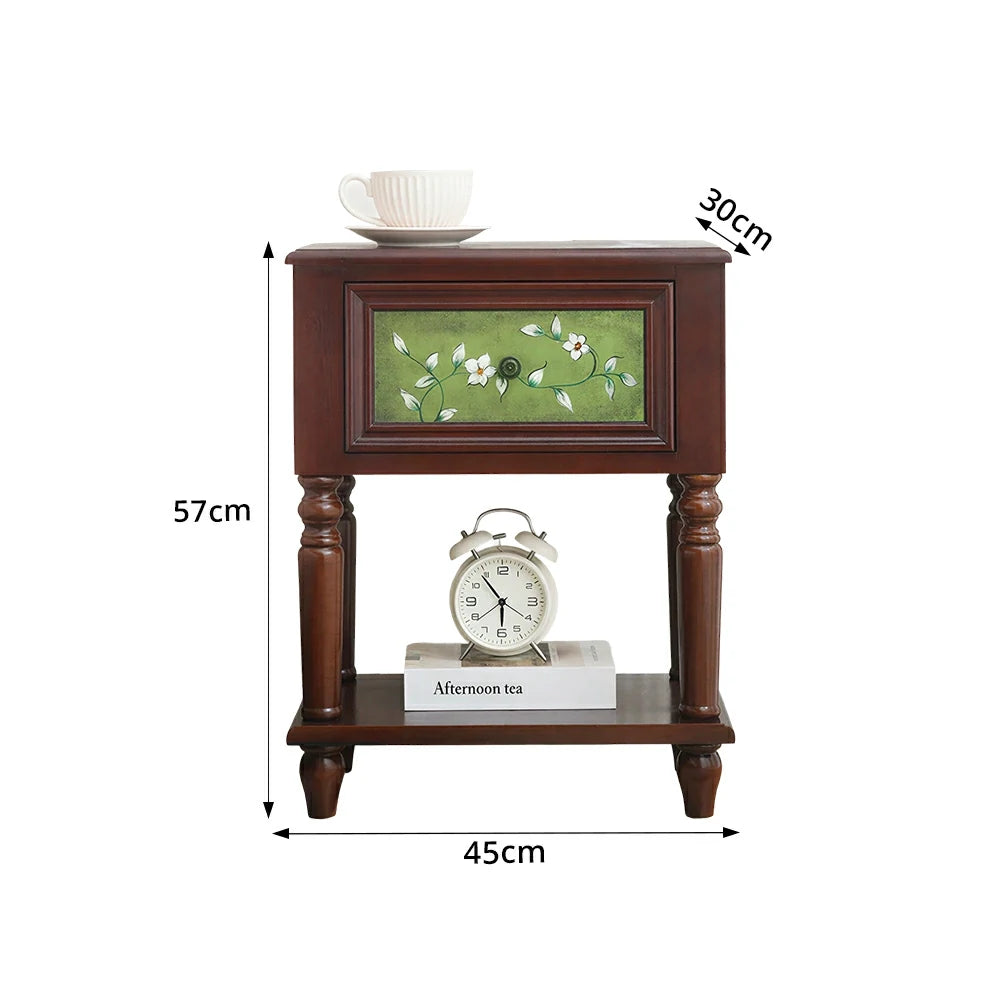 LIVARA American Vintage Bedside Table - Solid Wood Painted Drawer Cabinet with Open Shelf - 57cm Bedroom Nightstand - Walnut