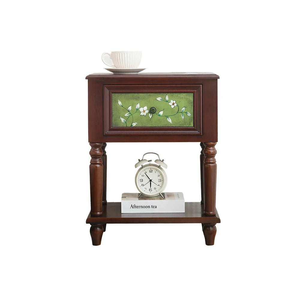 LIVARA American Vintage Bedside Table - Solid Wood Painted Drawer Cabinet with Open Shelf - 57cm Bedroom Nightstand - Walnut