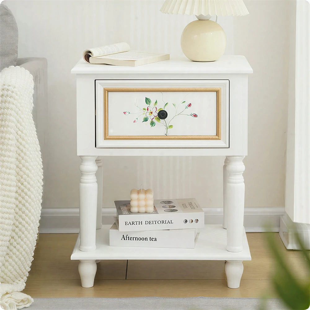 LIVARA American Vintage Bedside Table - Solid Wood Painted Drawer Cabinet with Open Shelf - 57cm Bedroom Nightstand - White with Gold Accents