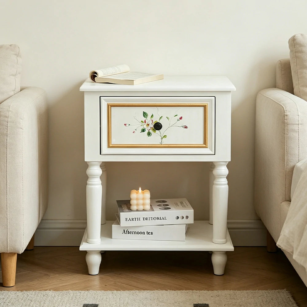 LIVARA American Vintage Bedside Table - Solid Wood Painted Drawer Cabinet with Open Shelf - 57cm Bedroom Nightstand - White with Gold Accents
