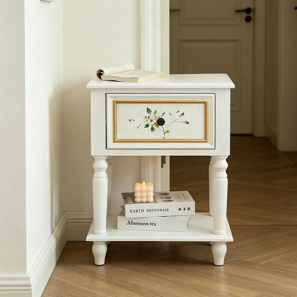 LIVARA American Vintage Bedside Table - Solid Wood Painted Drawer Cabinet with Open Shelf - 57cm Bedroom Nightstand - White with Gold Accents