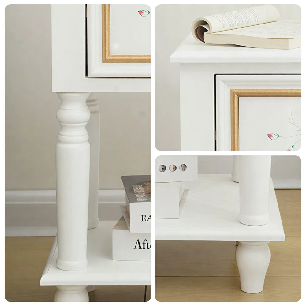 LIVARA American Vintage Bedside Table - Solid Wood Painted Drawer Cabinet with Open Shelf - 57cm Bedroom Nightstand - White with Gold Accents