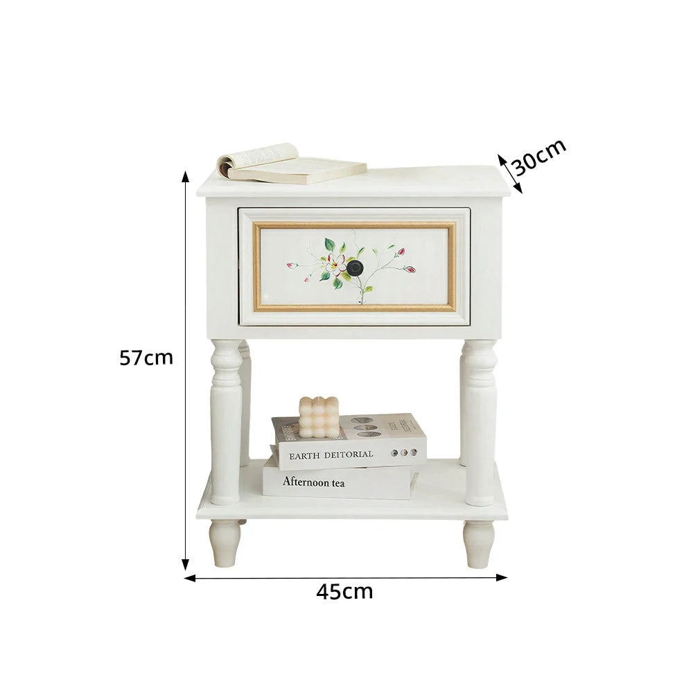 LIVARA American Vintage Bedside Table - Solid Wood Painted Drawer Cabinet with Open Shelf - 57cm Bedroom Nightstand - White with Gold Accents