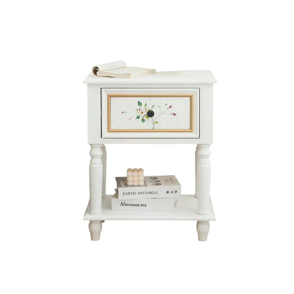 LIVARA American Vintage Bedside Table - Solid Wood Painted Drawer Cabinet with Open Shelf - 57cm Bedroom Nightstand - White with Gold Accents