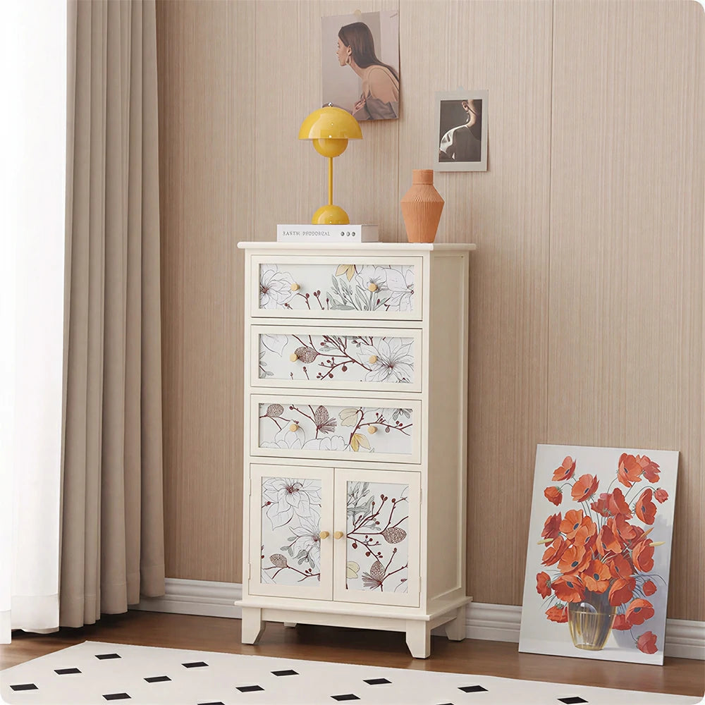 LIVARA Ivory Painted Storage Cabinet - Solid Wood 3-Drawer 2-Door Cabinet with Floral Design - 97cm Entryway Cabinet - Ivory White