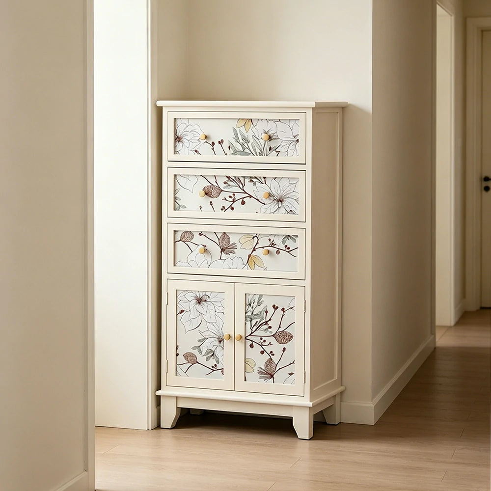 LIVARA Ivory Painted Storage Cabinet - Solid Wood 3-Drawer 2-Door Cabinet with Floral Design - 97cm Entryway Cabinet - Ivory White