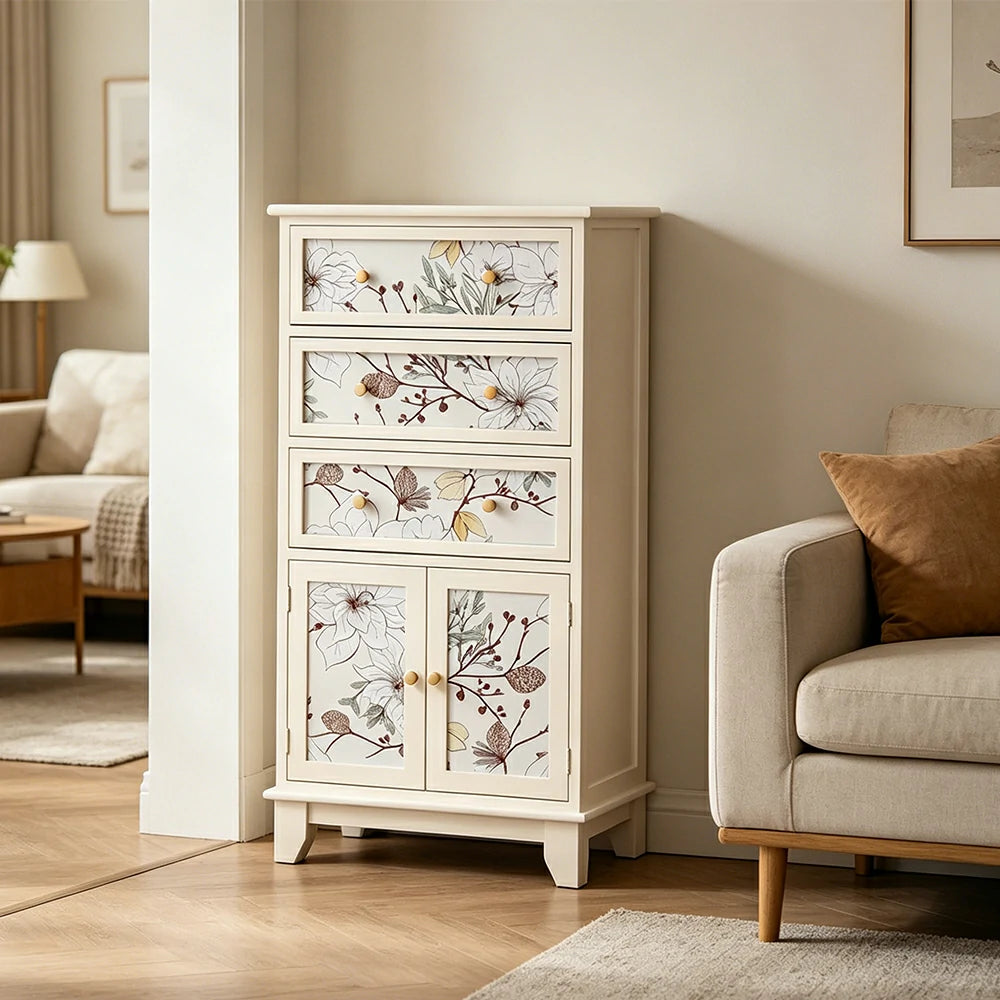 LIVARA Ivory Painted Storage Cabinet - Solid Wood 3-Drawer 2-Door Cabinet with Floral Design - 97cm Entryway Cabinet - Ivory White
