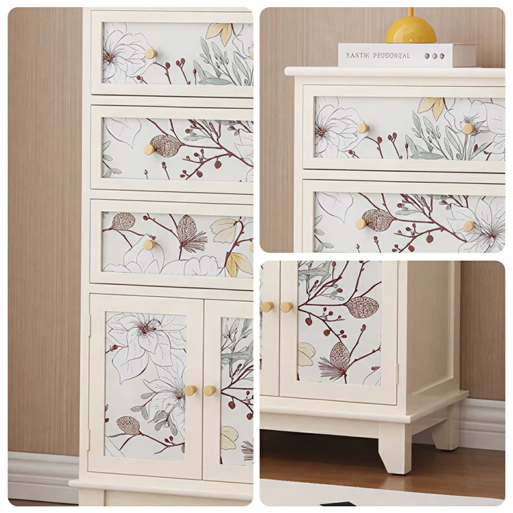 LIVARA Ivory Painted Storage Cabinet - Solid Wood 3-Drawer 2-Door Cabinet with Floral Design - 97cm Entryway Cabinet - Ivory White
