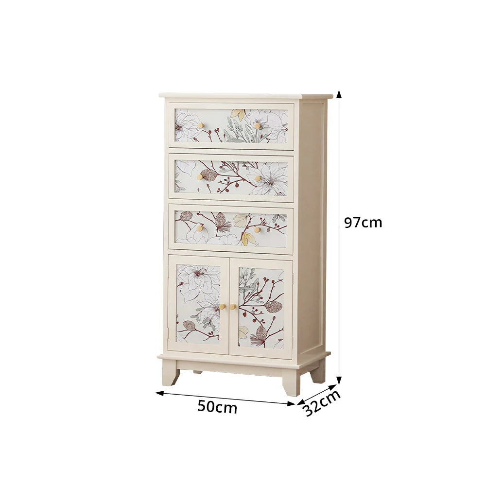 LIVARA Ivory Painted Storage Cabinet - Solid Wood 3-Drawer 2-Door Cabinet with Floral Design - 97cm Entryway Cabinet - Ivory White