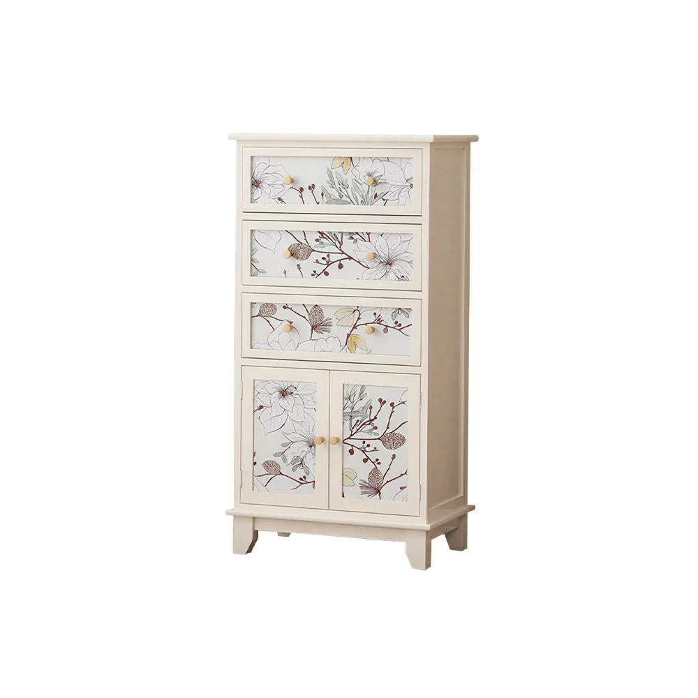 LIVARA Ivory Painted Storage Cabinet - Solid Wood 3-Drawer 2-Door Cabinet with Floral Design - 97cm Entryway Cabinet - Ivory White