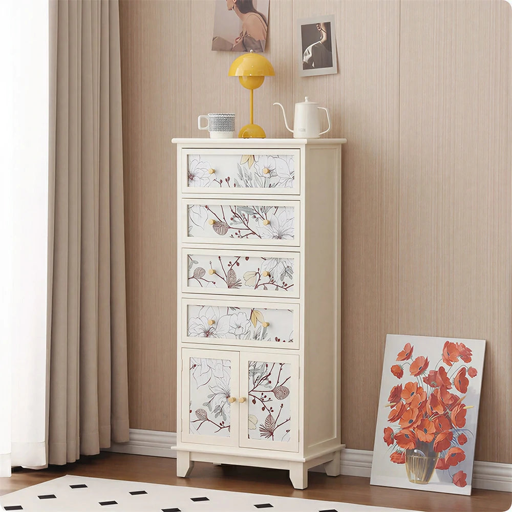 LIVARA Ivory Painted Storage Cabinet - Solid Wood 4-Drawer 2-Door Cabinet with Floral Design - 114cm Entryway Cabinet - Ivory White