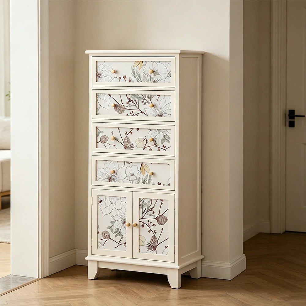 LIVARA Ivory Painted Storage Cabinet - Solid Wood 4-Drawer 2-Door Cabinet with Floral Design - 114cm Entryway Cabinet - Ivory White