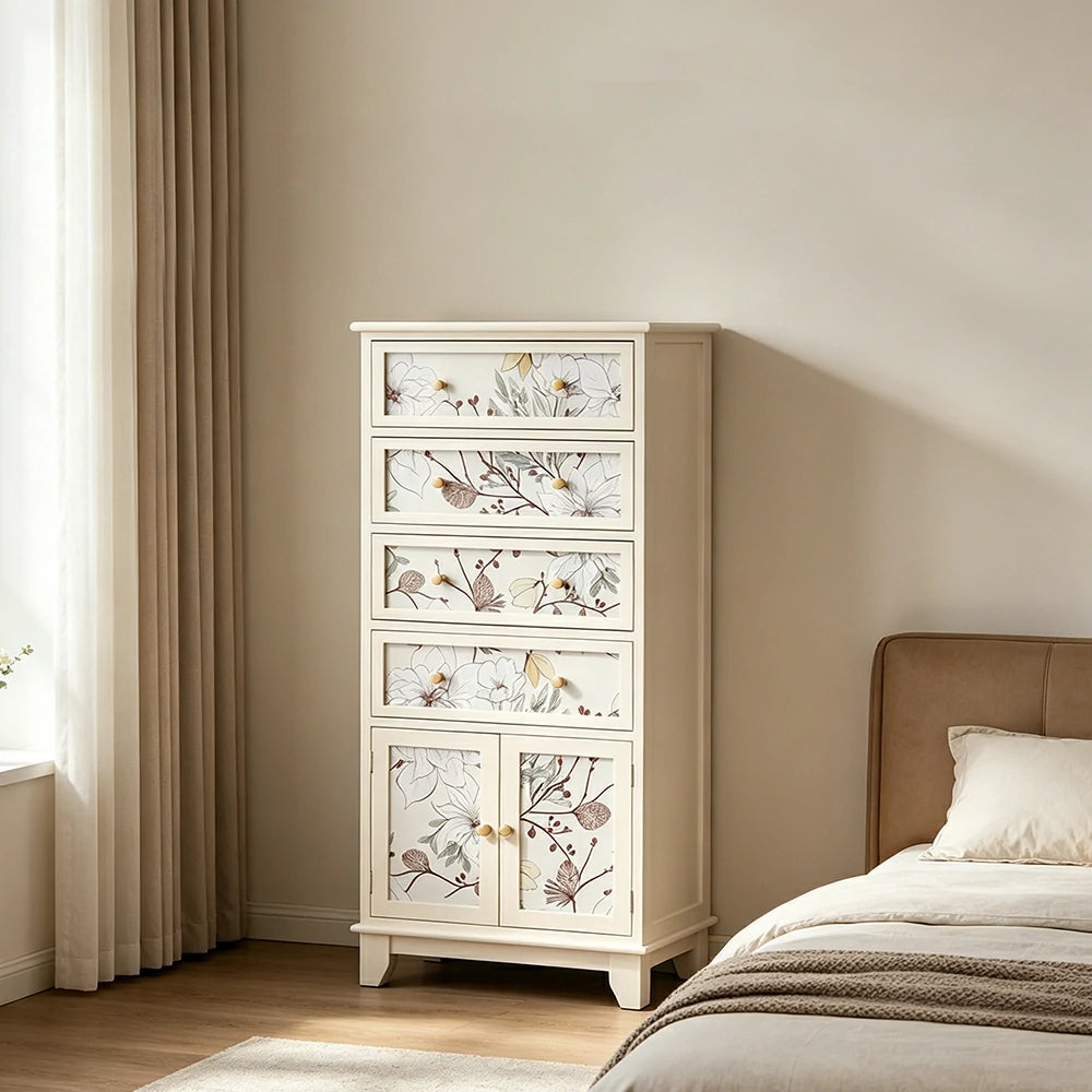 LIVARA Ivory Painted Storage Cabinet - Solid Wood 4-Drawer 2-Door Cabinet with Floral Design - 114cm Entryway Cabinet - Ivory White