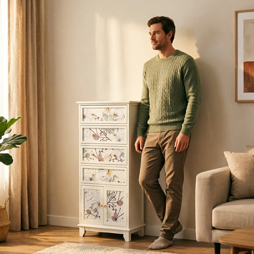 LIVARA Ivory Painted Storage Cabinet - Solid Wood 4-Drawer 2-Door Cabinet with Floral Design - 114cm Entryway Cabinet - Ivory White
