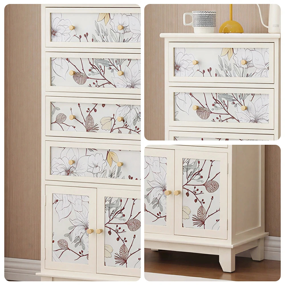 LIVARA Ivory Painted Storage Cabinet - Solid Wood 4-Drawer 2-Door Cabinet with Floral Design - 114cm Entryway Cabinet - Ivory White