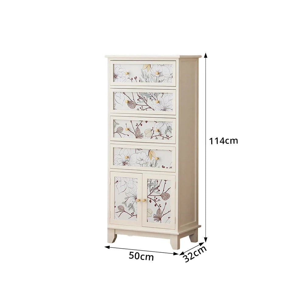 LIVARA Ivory Painted Storage Cabinet - Solid Wood 4-Drawer 2-Door Cabinet with Floral Design - 114cm Entryway Cabinet - Ivory White