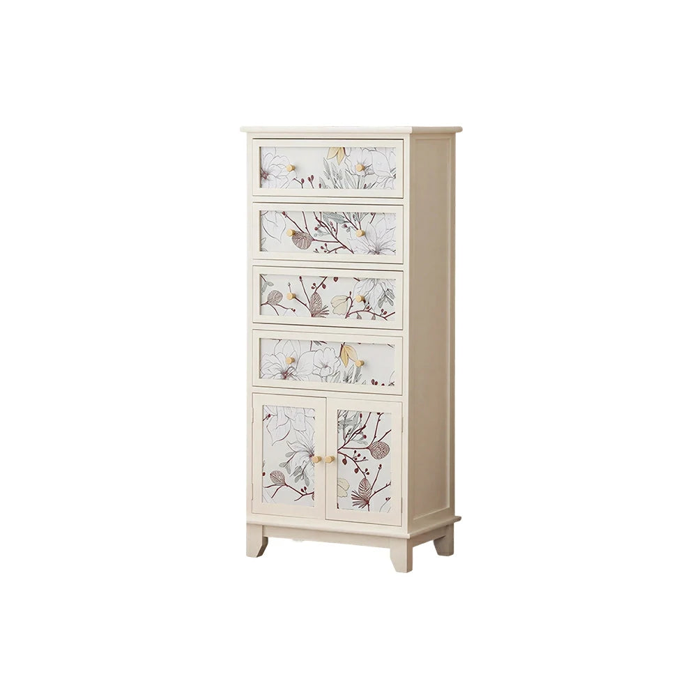LIVARA Ivory Painted Storage Cabinet - Solid Wood 4-Drawer 2-Door Cabinet with Floral Design - 114cm Entryway Cabinet - Ivory White