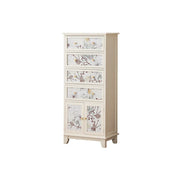 LIVARA Ivory Painted Storage Cabinet - Solid Wood 4-Drawer 2-Door Cabinet with Floral Design - 114cm Entryway Cabinet - Ivory White