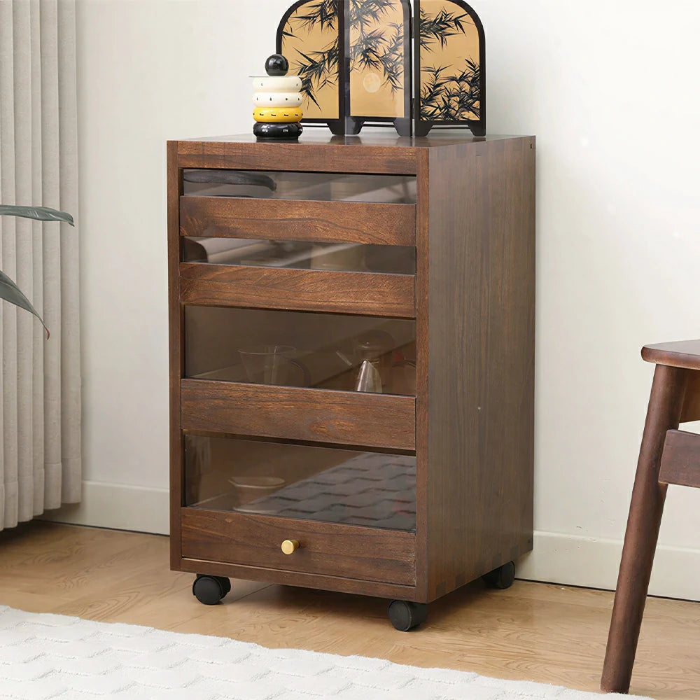 LIVARA Solid Wood Storage Cabinet - 4-Drawer Mobile Cabinet with Transparent Doors - 65cm Living Room Side Cabinet - Dark Walnut