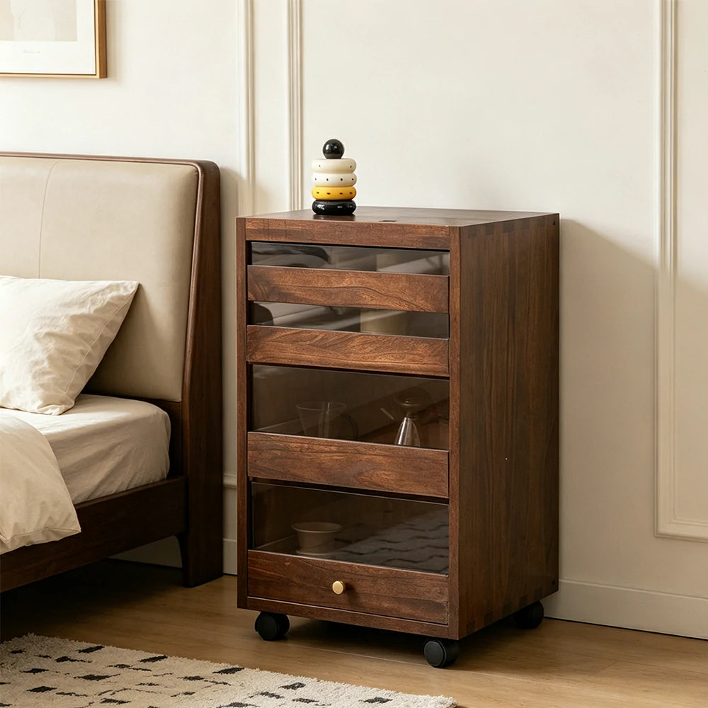 LIVARA Solid Wood Storage Cabinet - 4-Drawer Mobile Cabinet with Transparent Doors - 65cm Living Room Side Cabinet - Dark Walnut