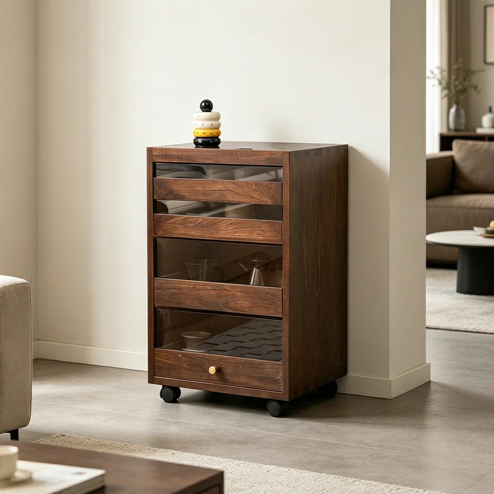 LIVARA Solid Wood Storage Cabinet - 4-Drawer Mobile Cabinet with Transparent Doors - 65cm Living Room Side Cabinet - Dark Walnut