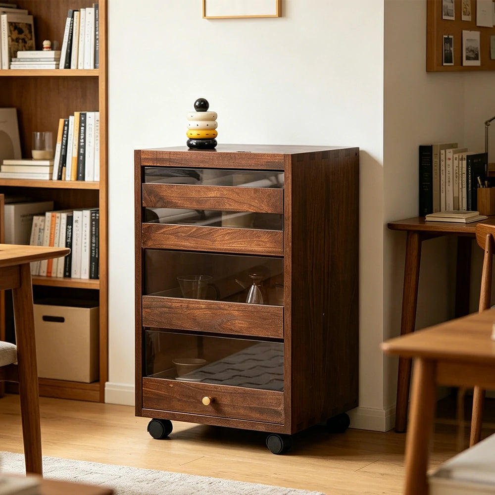 LIVARA Solid Wood Storage Cabinet - 4-Drawer Mobile Cabinet with Transparent Doors - 65cm Living Room Side Cabinet - Dark Walnut