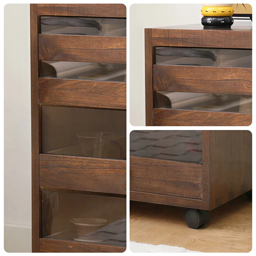 LIVARA Solid Wood Storage Cabinet - 4-Drawer Mobile Cabinet with Transparent Doors - 65cm Living Room Side Cabinet - Dark Walnut