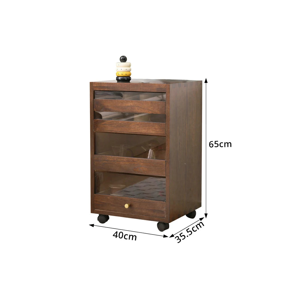 LIVARA Solid Wood Storage Cabinet - 4-Drawer Mobile Cabinet with Transparent Doors - 65cm Living Room Side Cabinet - Dark Walnut