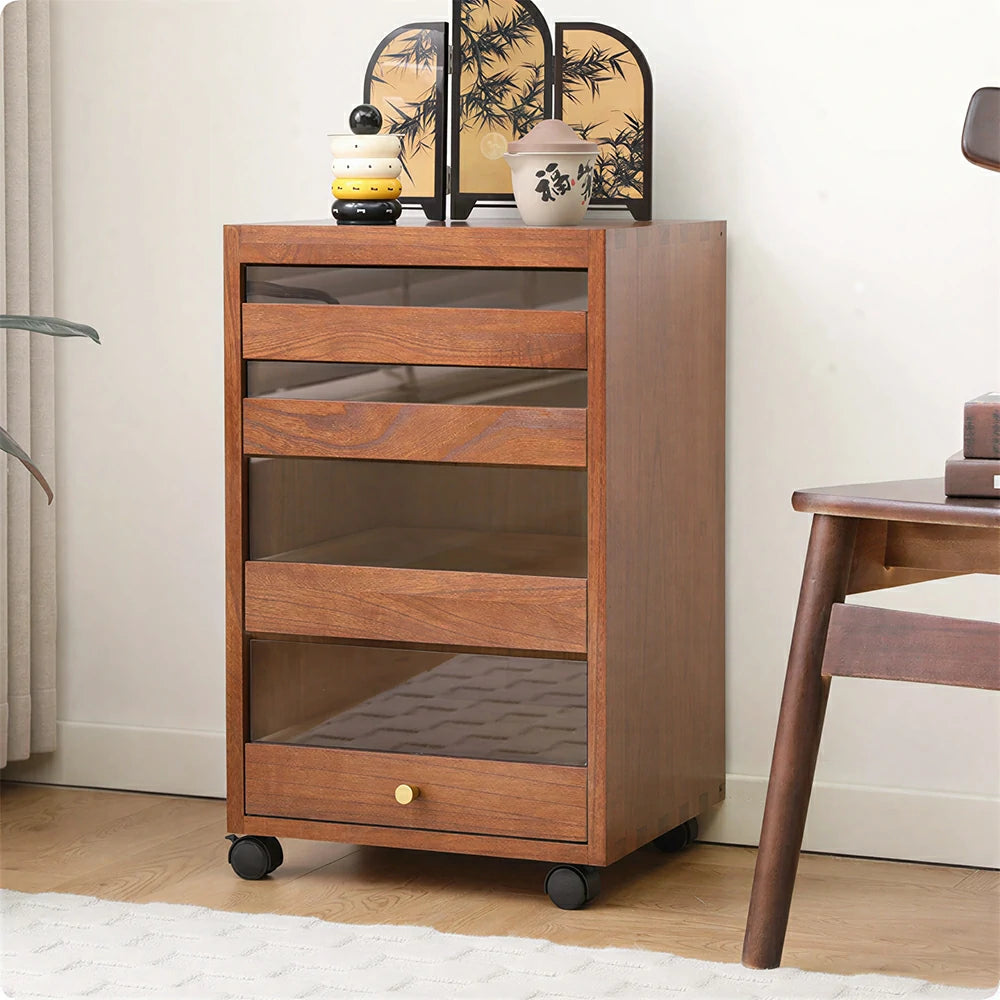 LIVARA Solid Wood Storage Cabinet - 4-Drawer Mobile Cabinet with Transparent Doors - 65cm Living Room Side Cabinet - Walnut