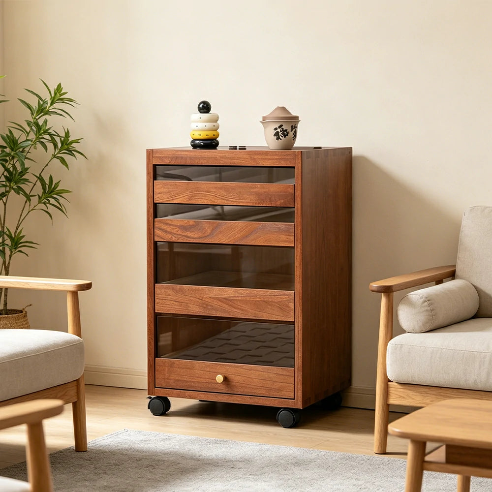LIVARA Solid Wood Storage Cabinet - 4-Drawer Mobile Cabinet with Transparent Doors - 65cm Living Room Side Cabinet - Walnut