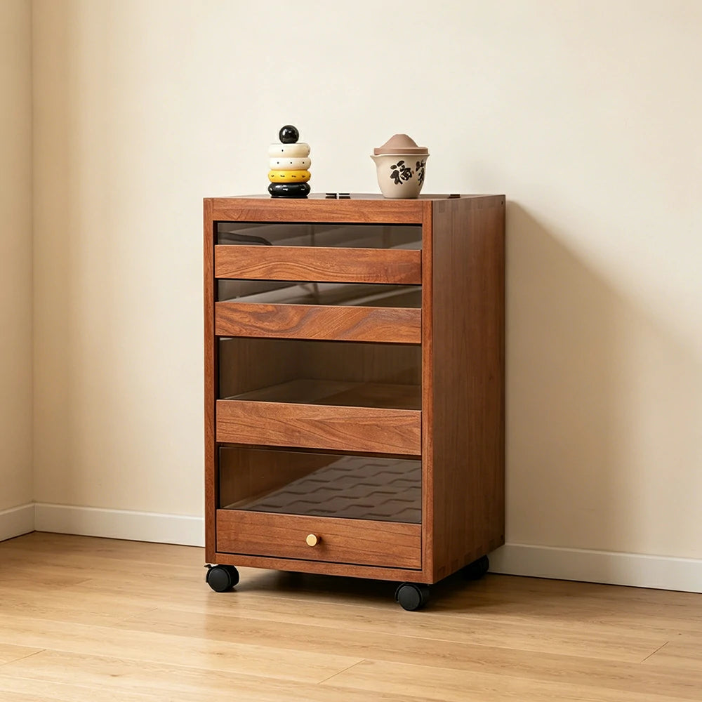 LIVARA Solid Wood Storage Cabinet - 4-Drawer Mobile Cabinet with Transparent Doors - 65cm Living Room Side Cabinet - Walnut
