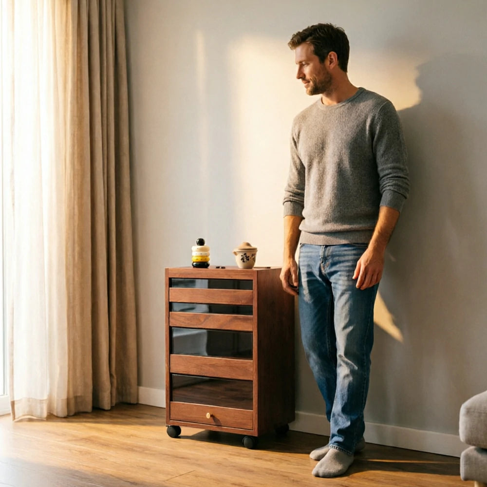 LIVARA Solid Wood Storage Cabinet - 4-Drawer Mobile Cabinet with Transparent Doors - 65cm Living Room Side Cabinet - Walnut