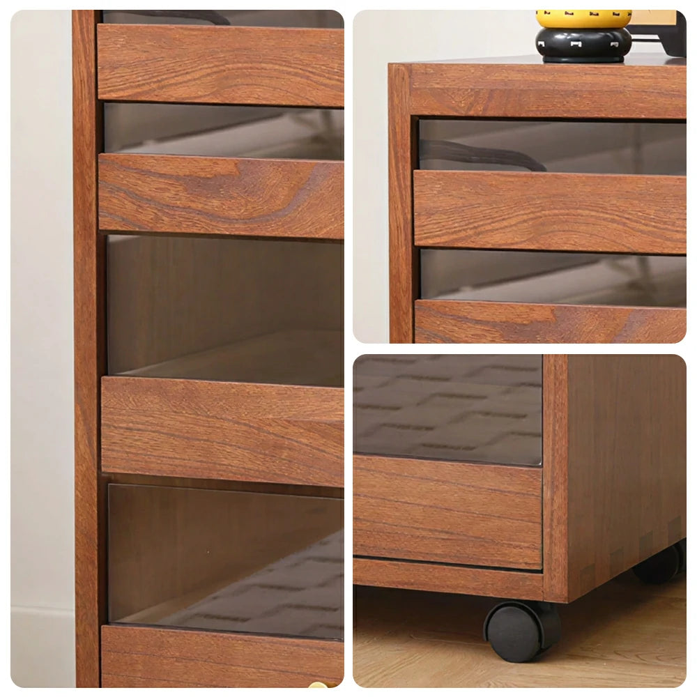 LIVARA Solid Wood Storage Cabinet - 4-Drawer Mobile Cabinet with Transparent Doors - 65cm Living Room Side Cabinet - Walnut