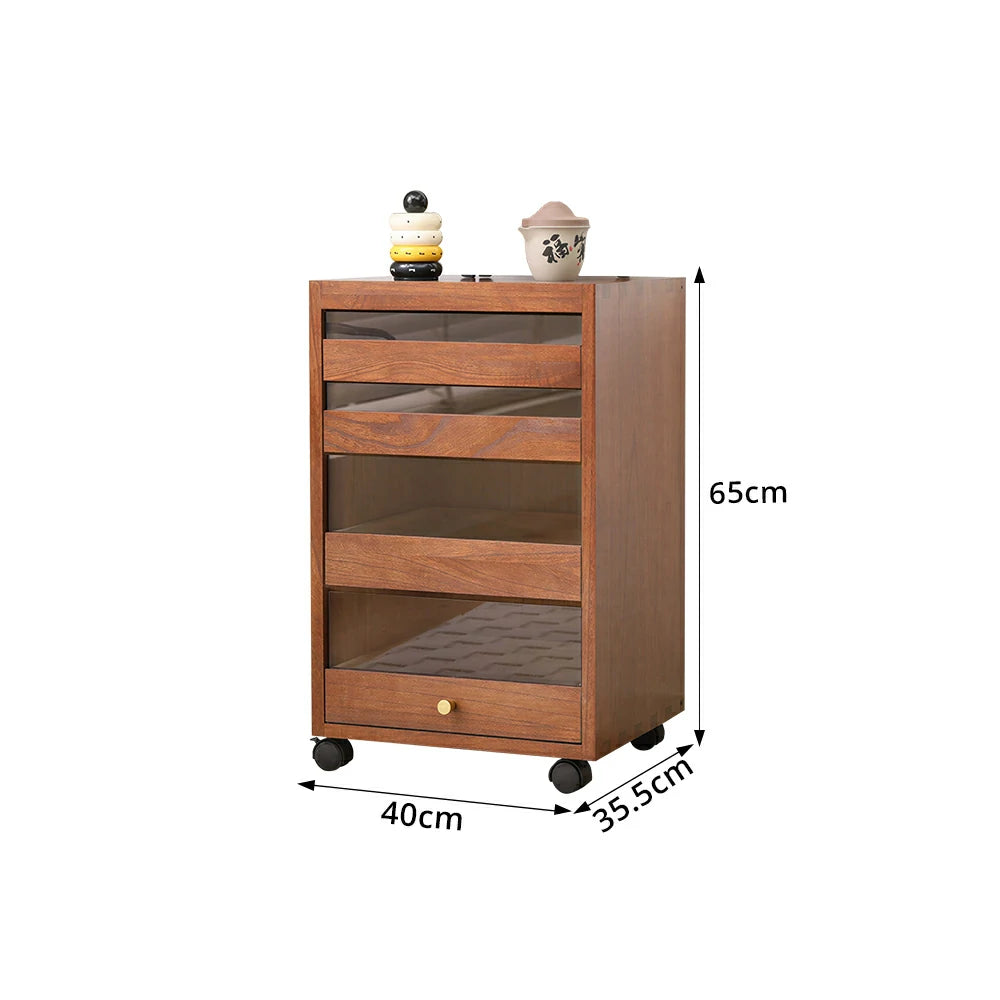 LIVARA Solid Wood Storage Cabinet - 4-Drawer Mobile Cabinet with Transparent Doors - 65cm Living Room Side Cabinet - Walnut
