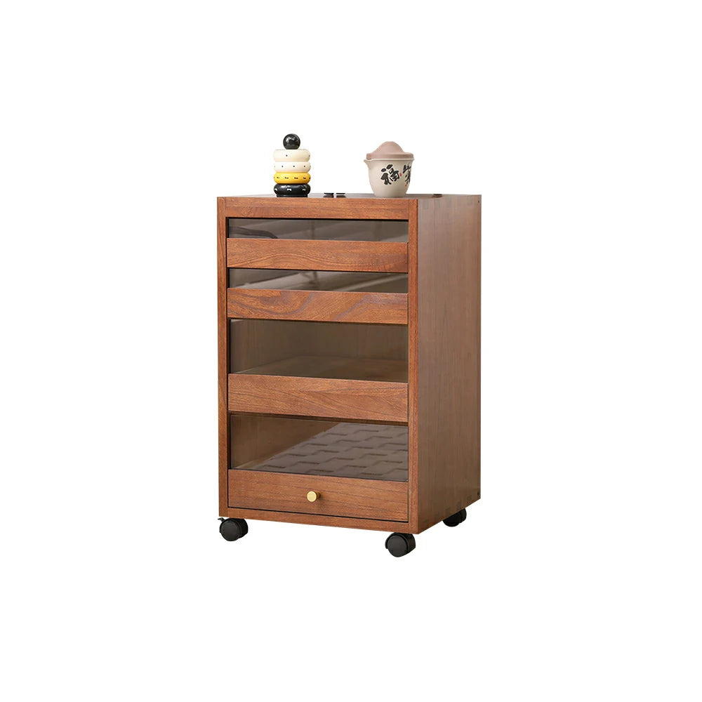 LIVARA Solid Wood Storage Cabinet - 4-Drawer Mobile Cabinet with Transparent Doors - 65cm Living Room Side Cabinet - Walnut