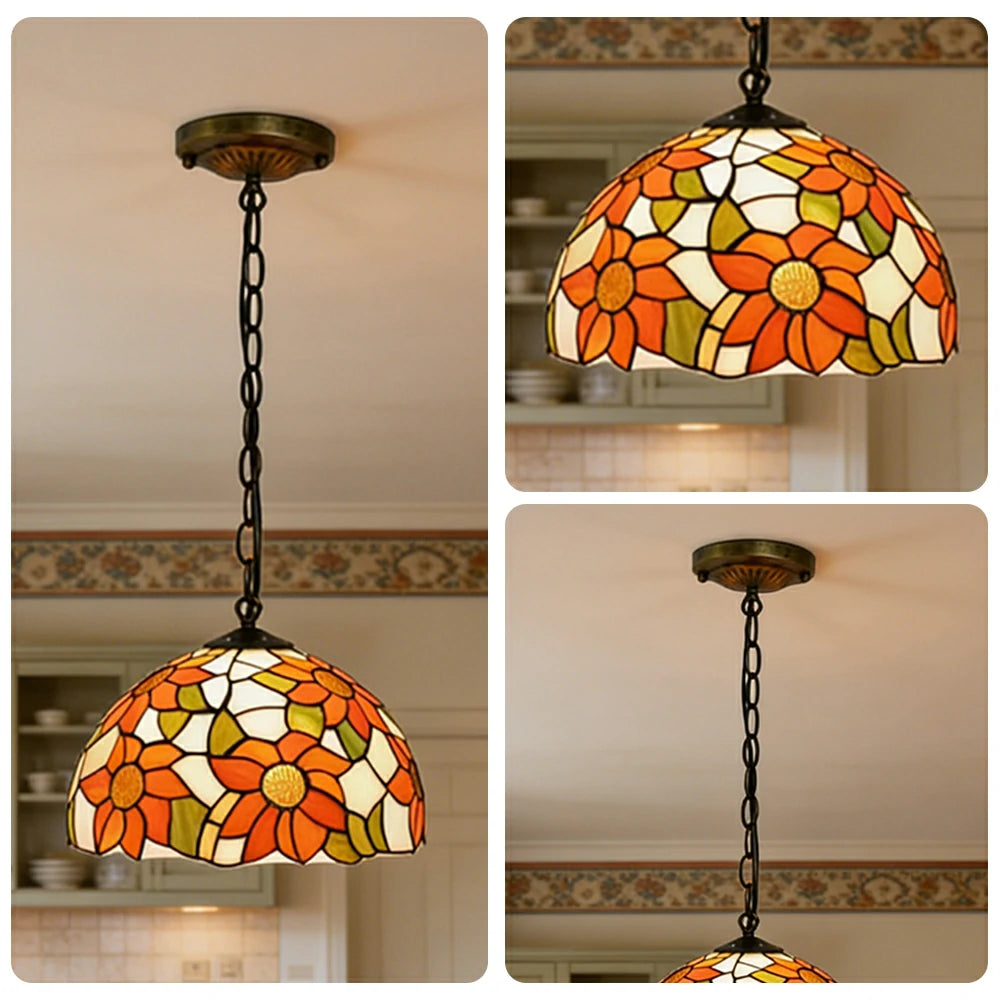 LIVARA Sunflower Pattern Pendant Light European Vintage Hanging Lamp 30/40 Adjustable Chain Ceiling Light for Dining Room Living Room