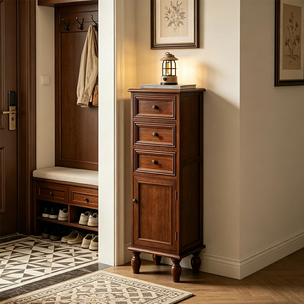 LIVARA Slim Storage Cabinet Solid Wood Space Saving 4 Layer Organizer for Entryway Living Room & Bedroom - Walnut