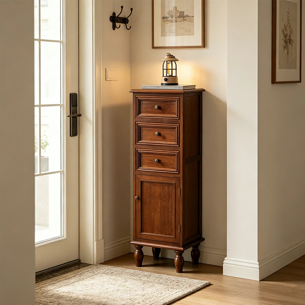 LIVARA Slim Storage Cabinet Solid Wood Space Saving 4 Layer Organizer for Entryway Living Room & Bedroom - Walnut