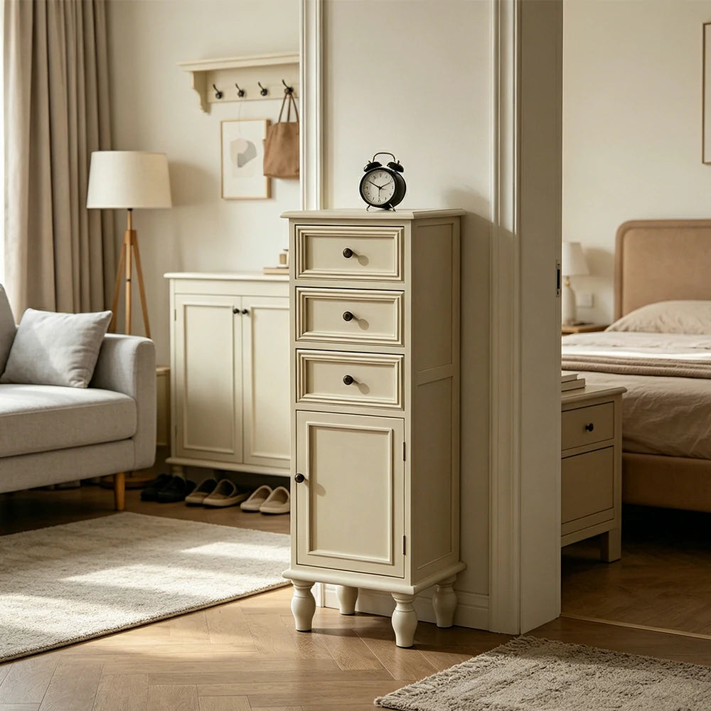 LIVARA Slim Storage Cabinet Solid Wood Space Saving 4 Layer Organizer for Entryway Living Room & Bedroom - White