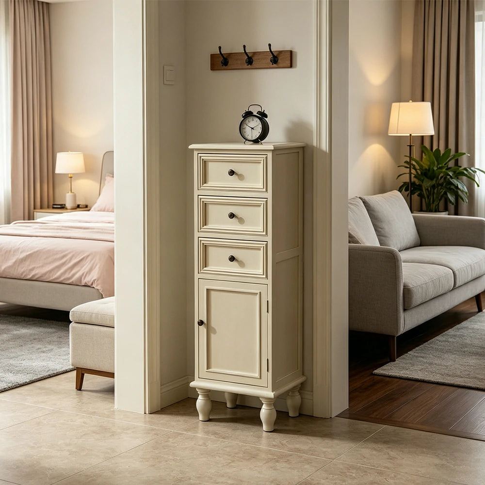 LIVARA Slim Storage Cabinet Solid Wood Space Saving 4 Layer Organizer for Entryway Living Room & Bedroom - White