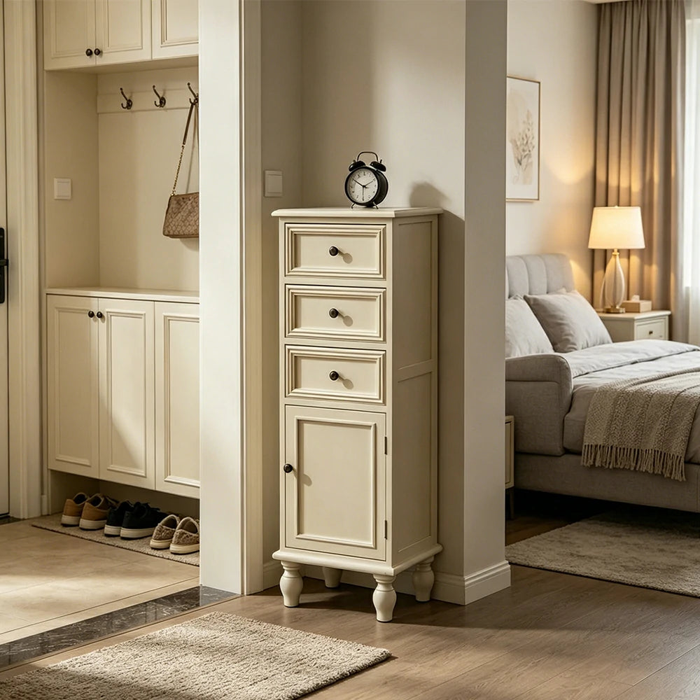 LIVARA Slim Storage Cabinet Solid Wood Space Saving 4 Layer Organizer for Entryway Living Room & Bedroom - White