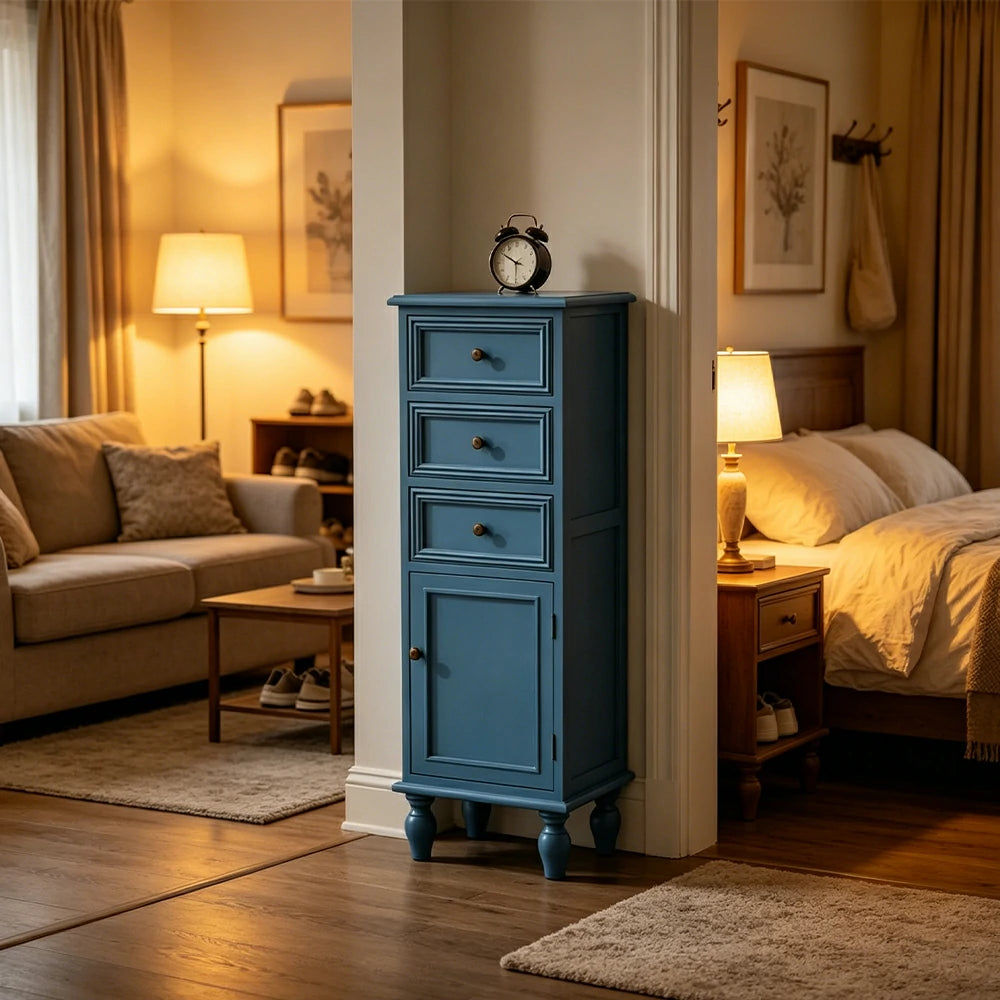 LIVARA Slim Storage Cabinet Solid Wood Space Saving 4 Layer Organizer for Entryway Living Room & Bedroom - Blue