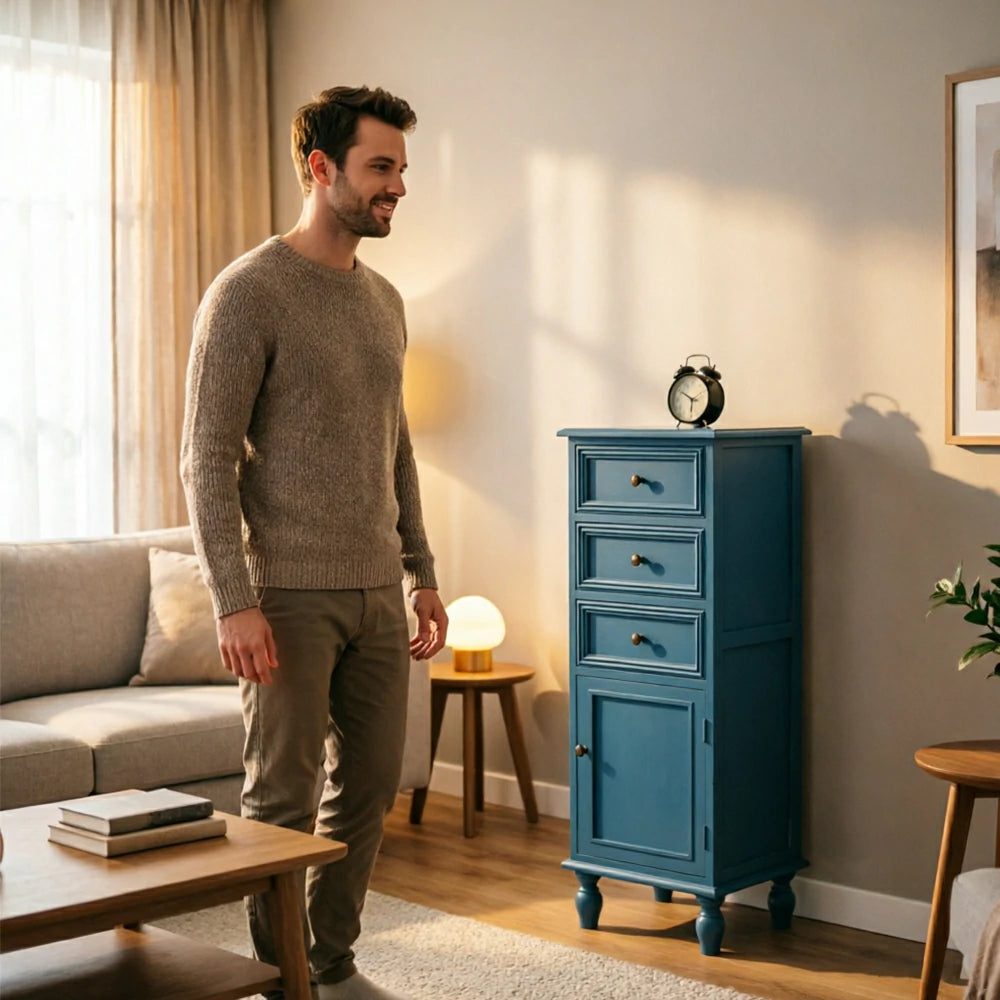 LIVARA Slim Storage Cabinet Solid Wood Space Saving 4 Layer Organizer for Entryway Living Room & Bedroom - Blue